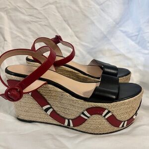 Gucci Black Leather and Red Snake-Accent Wedge Espadrilles